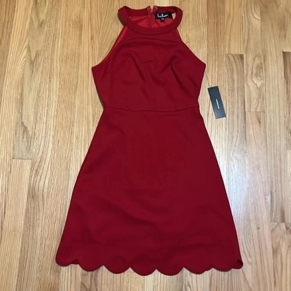 Lulu’s | NEW Favorite Feeling Wine red Halter dress Scallop hem women’s size XS - Picture 3 of 8